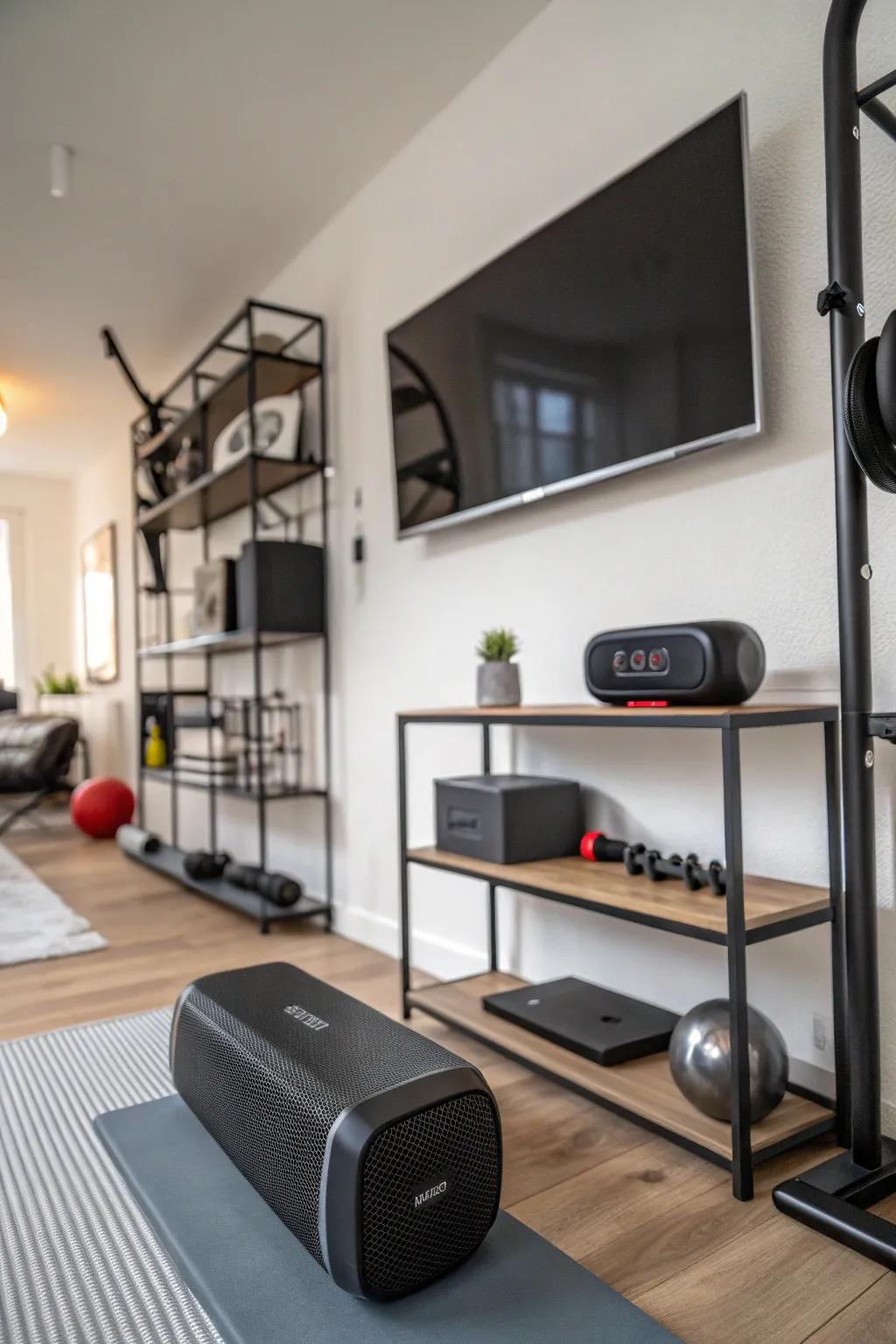 Music enhances the ambiance and motivation in your home gym.