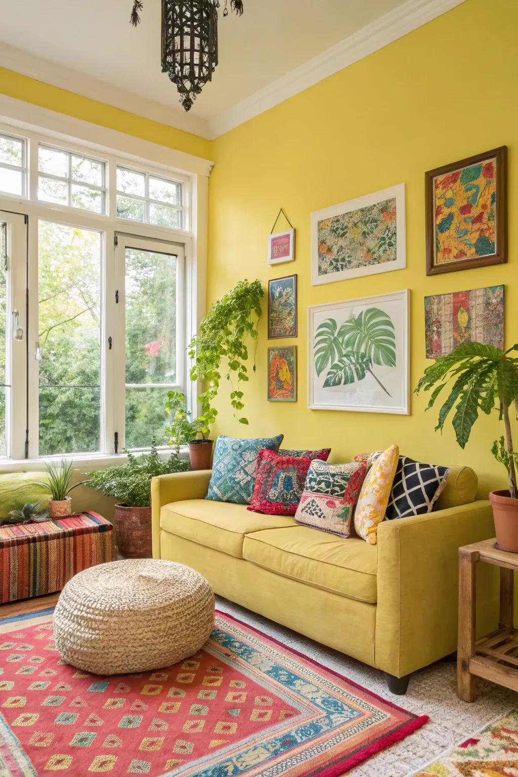 A small living room featuring lemon walls for a fresh burst.