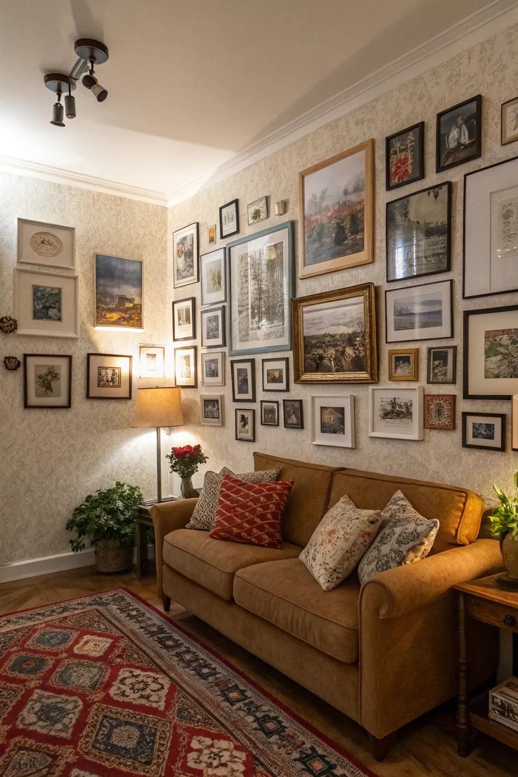 A gallery wall adds personality without taking up space.