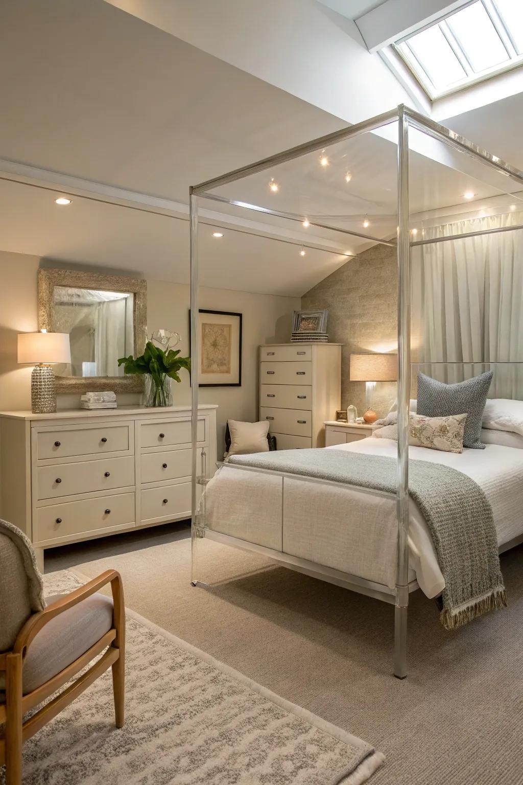 See-through furniture maintains an airy ambiance in a small master bedroom.