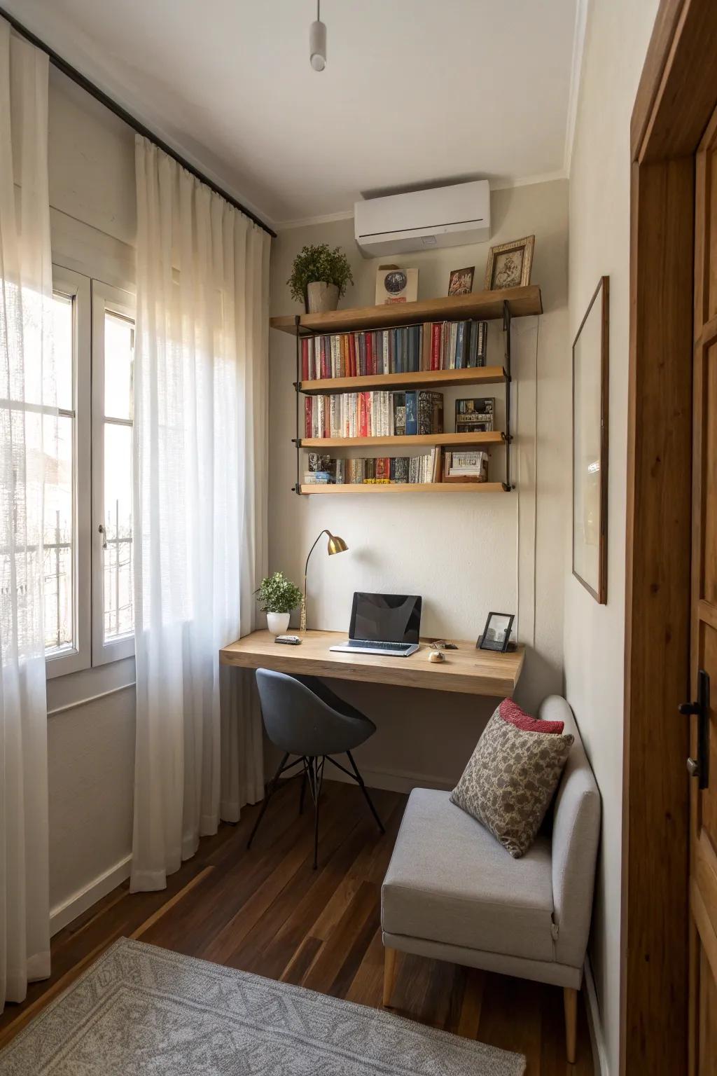 A drifting desk provides a workspace without sacrificing space.