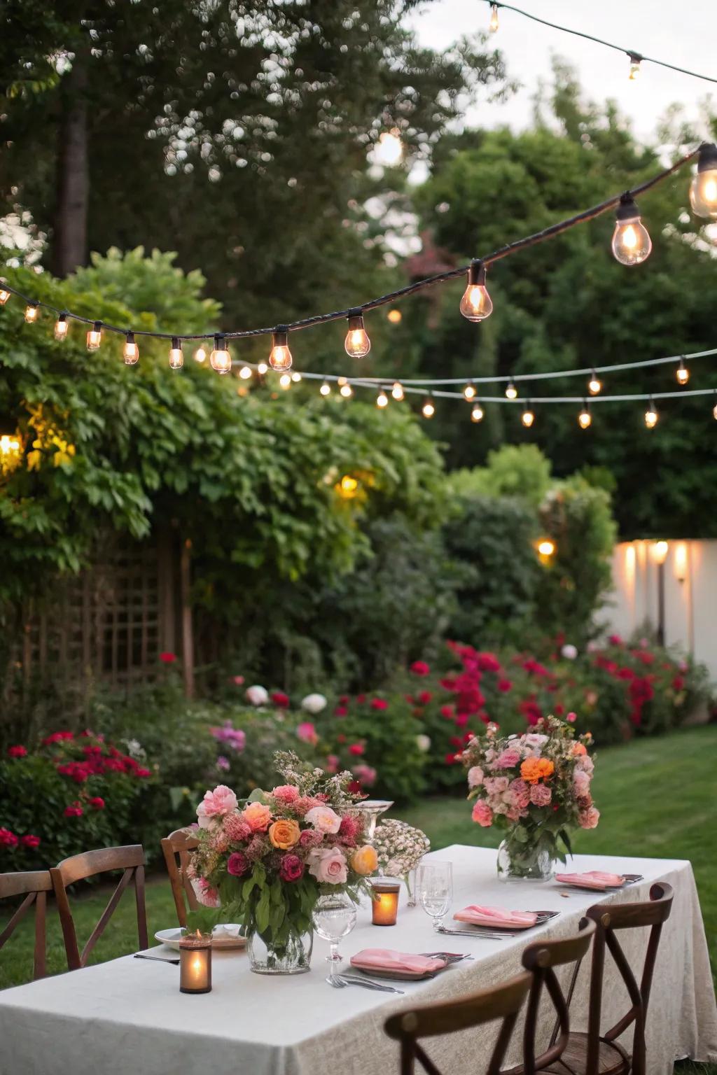 An outdoor backyard oasis celebration arrangement with lights and floral decor.