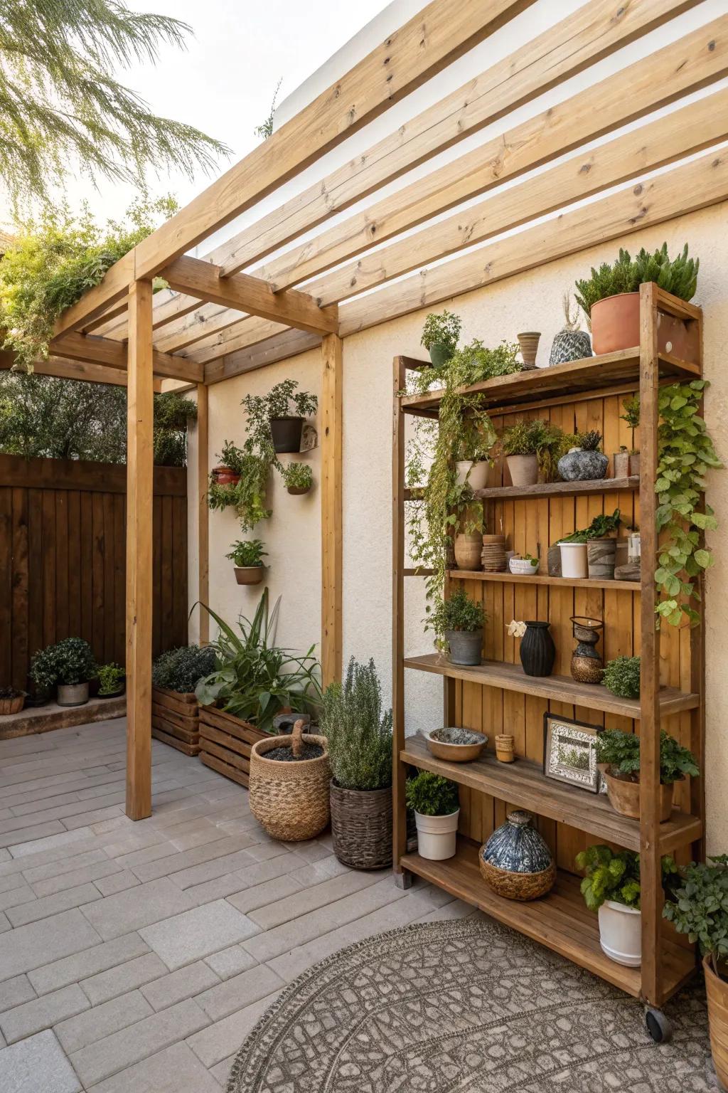 Integrated shelving provides storage and style beneath a small pergola.