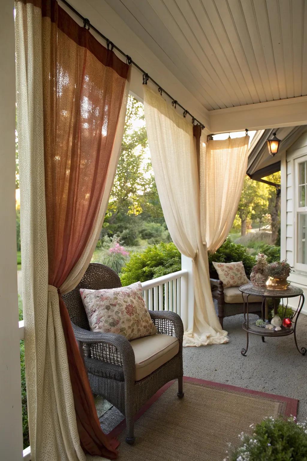 Layered curtains offer a textured and welcoming porch experience.