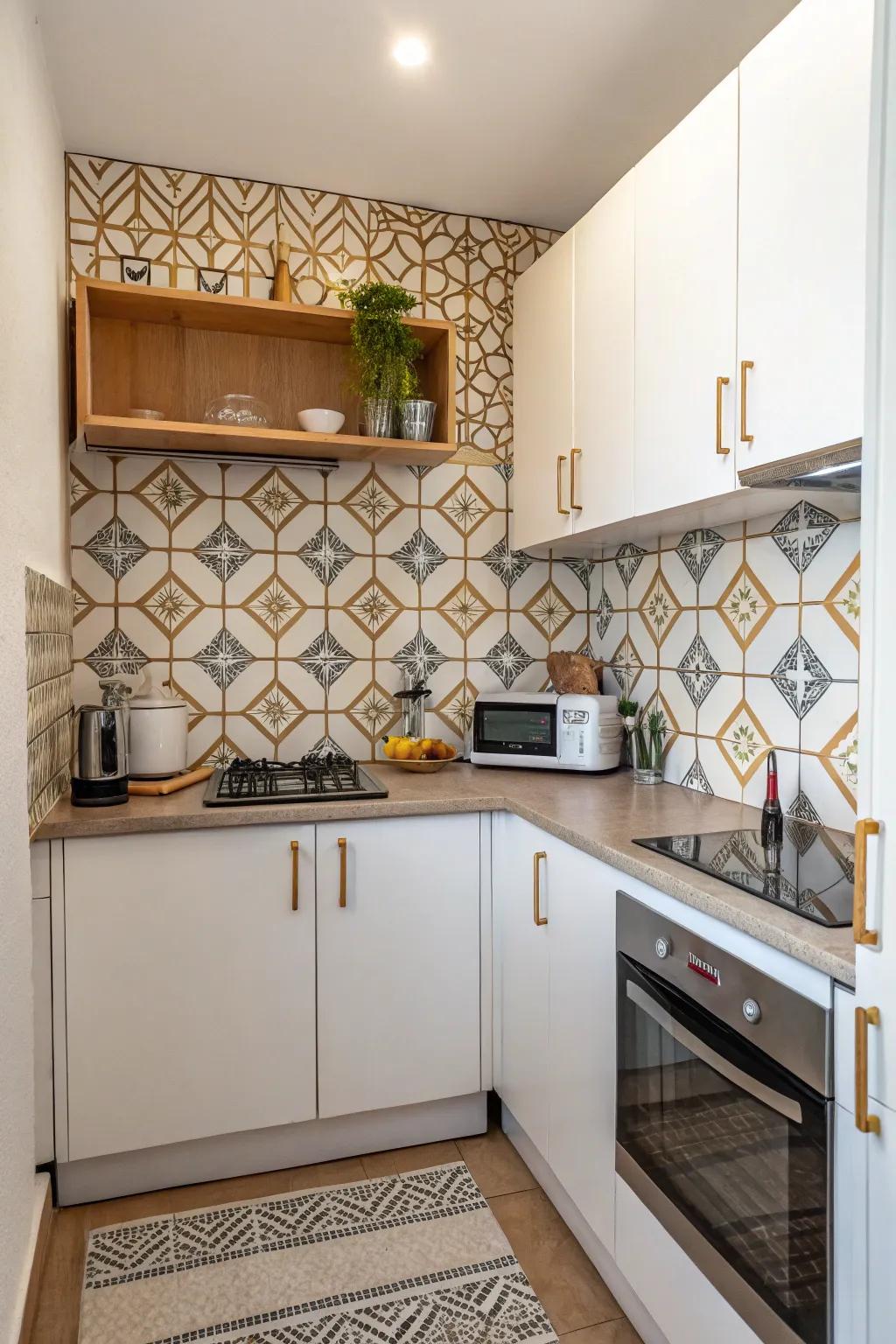 Geometric designs add style and distract from size in small kitchens.