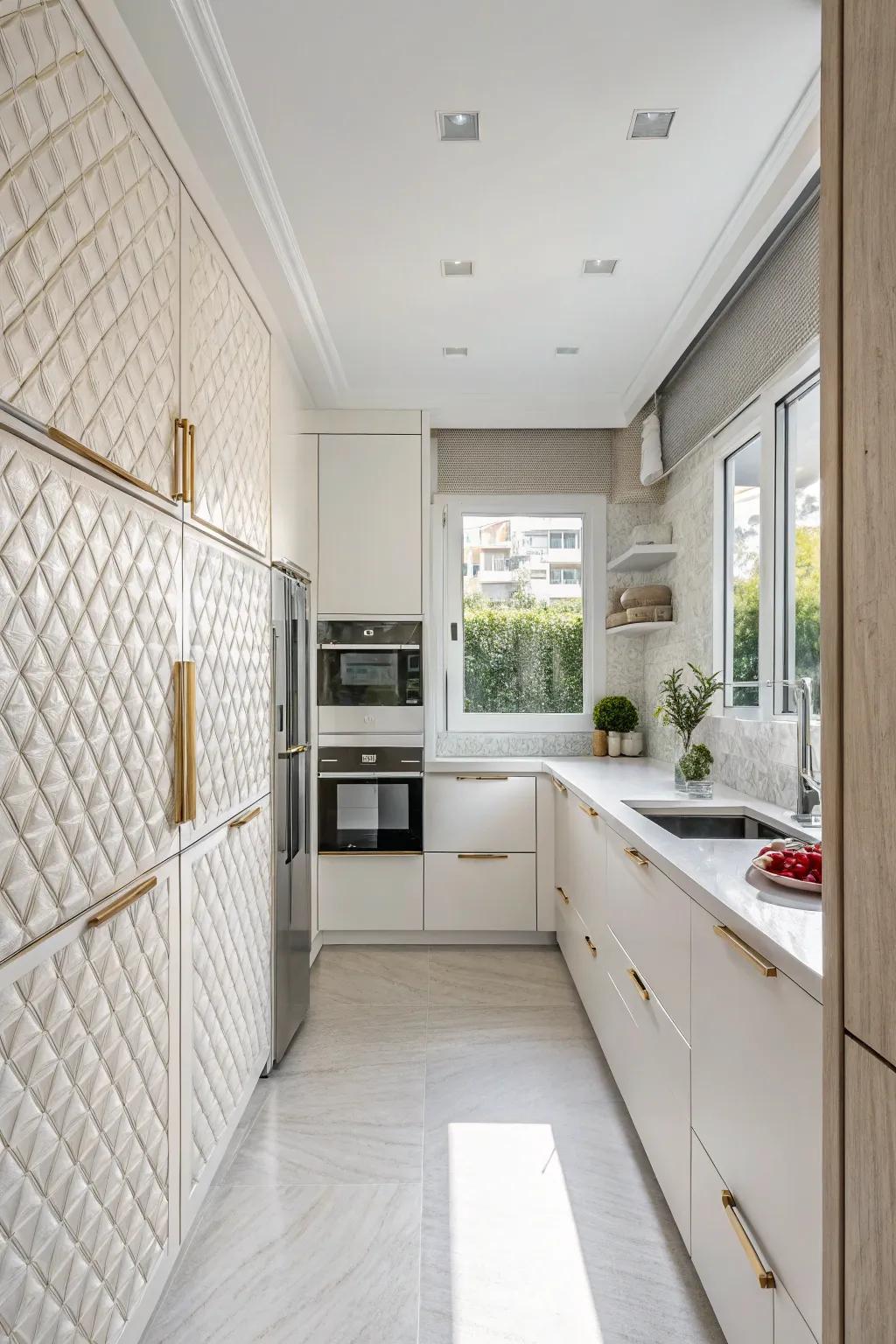 Textured features enhance a white kitchen aesthetically.