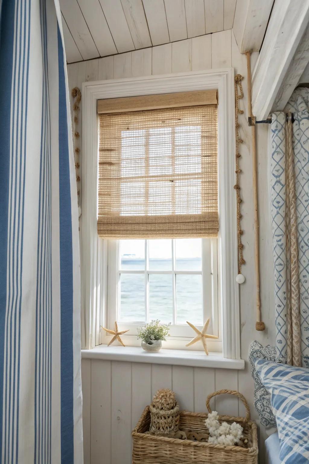 Interwoven blinds usher a seaside, relaxed ambiance.