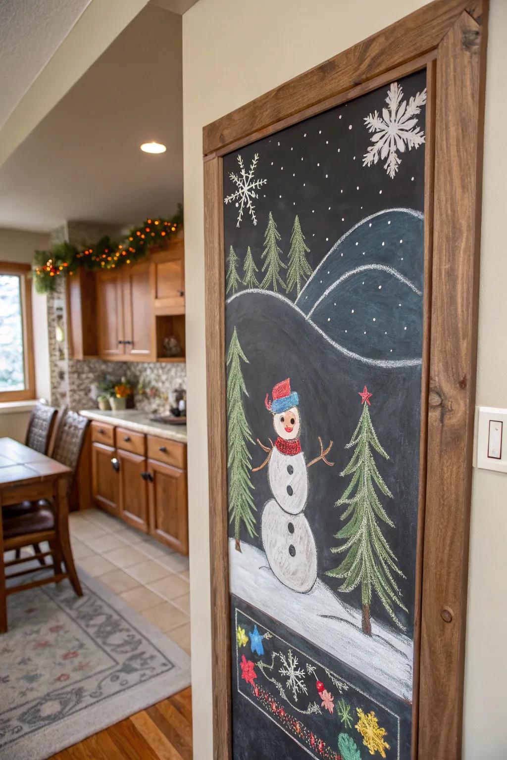 Snowman chalkboard art offers creative seasonal decoration.