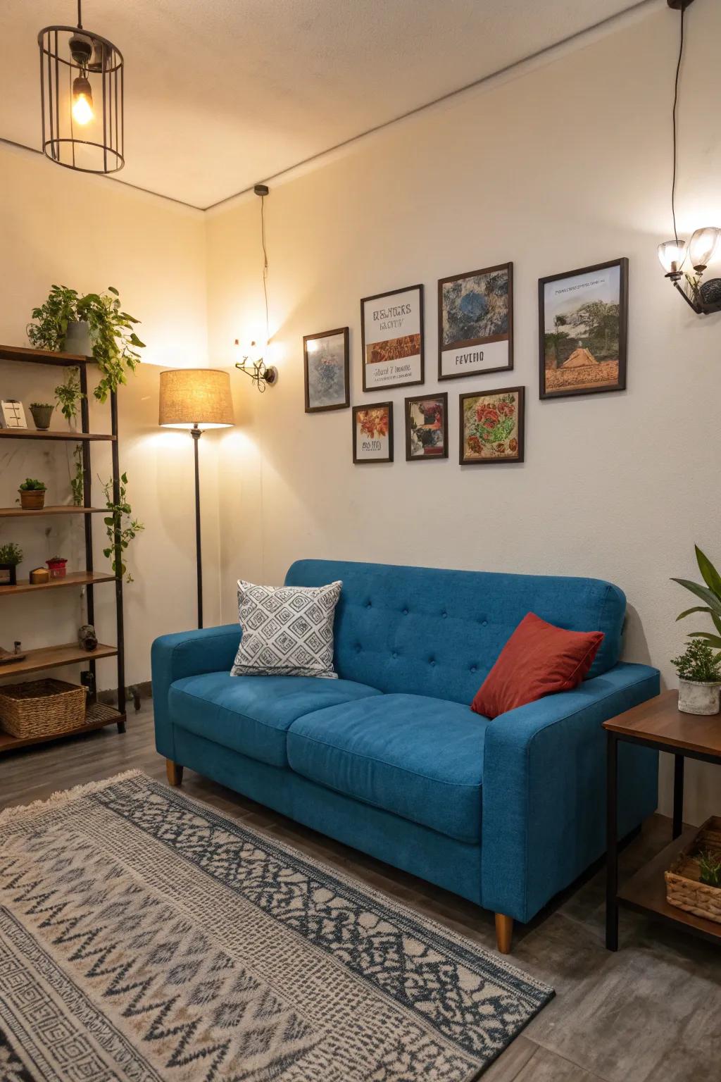 A bold-colored sofa brightens up a small living room with its striking presence.