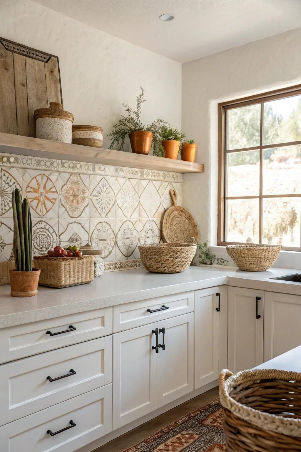 Simple tiles with a hint of Southwest flair offer a clean, subtle style.