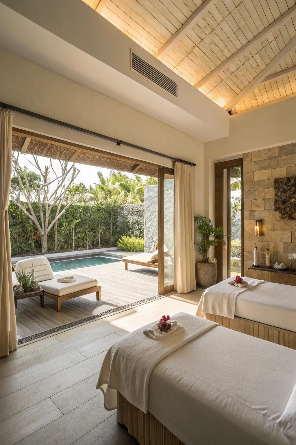 Cultivate an airy and expansive spa through an open configuration.