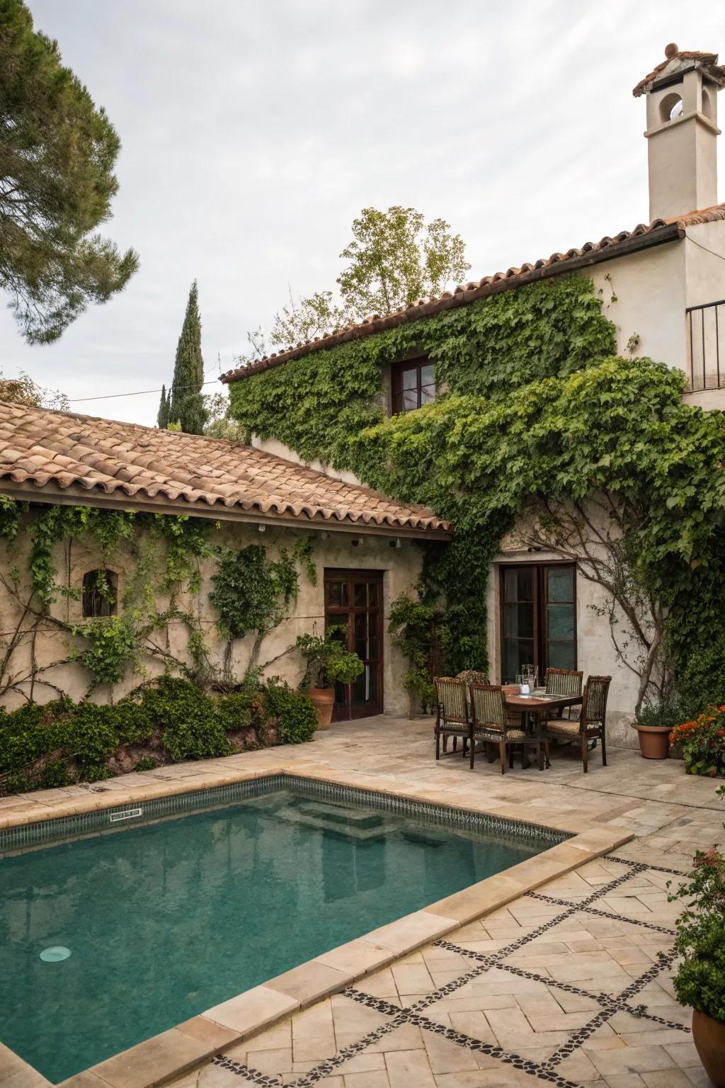 Vine-covered walls add a lush, natural touch to this Spanish-style retreat.