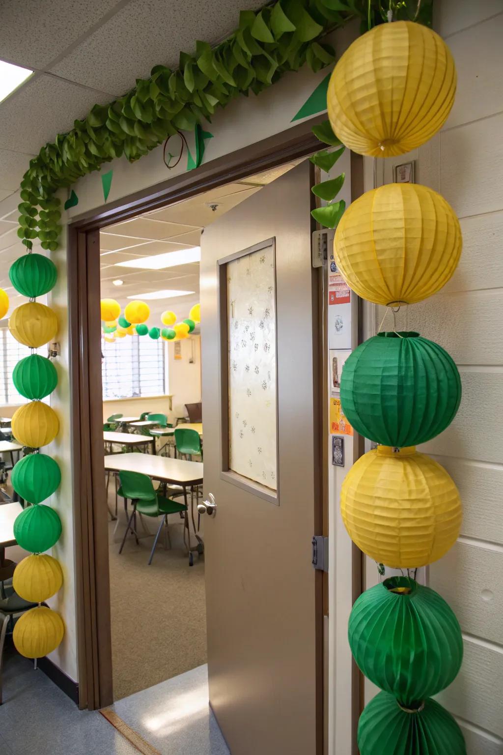 Lights in green and gold hanging around a classroom door, crafting a festive glow.