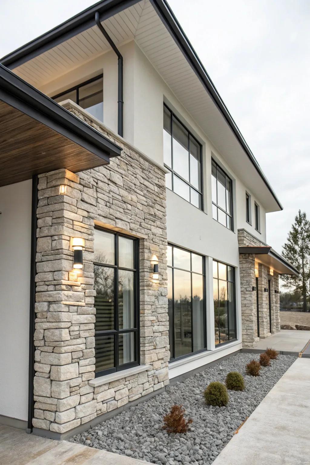 A minimalist facade enhanced by sleek faux rock panel accents.