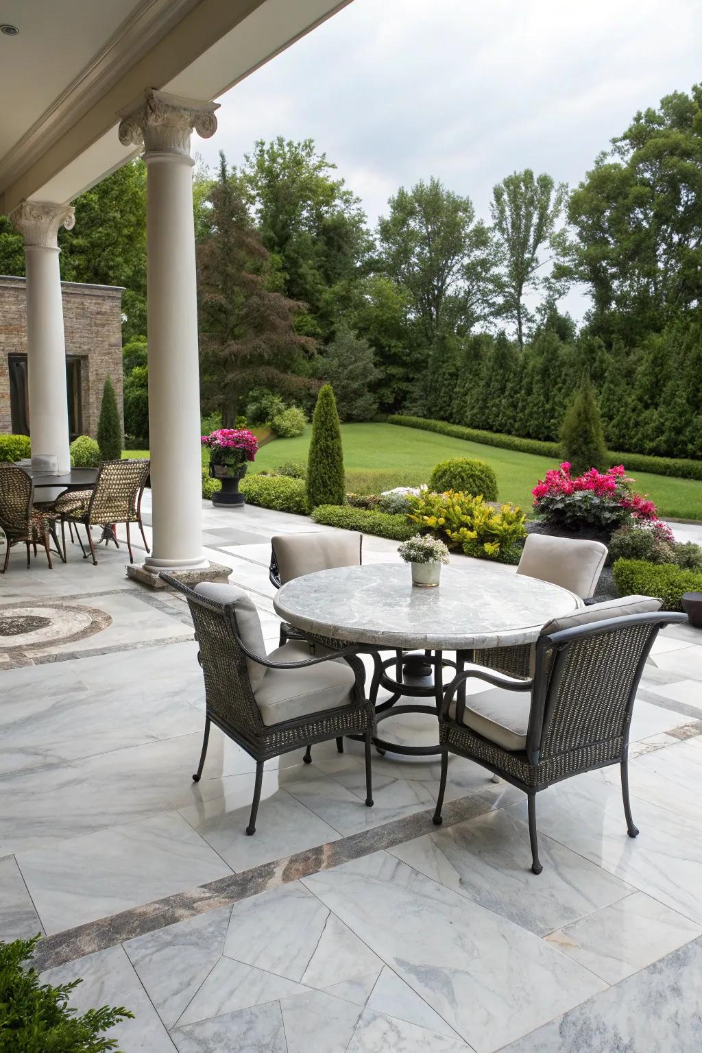 A luxurious stone-look patio achieved with concrete stains.