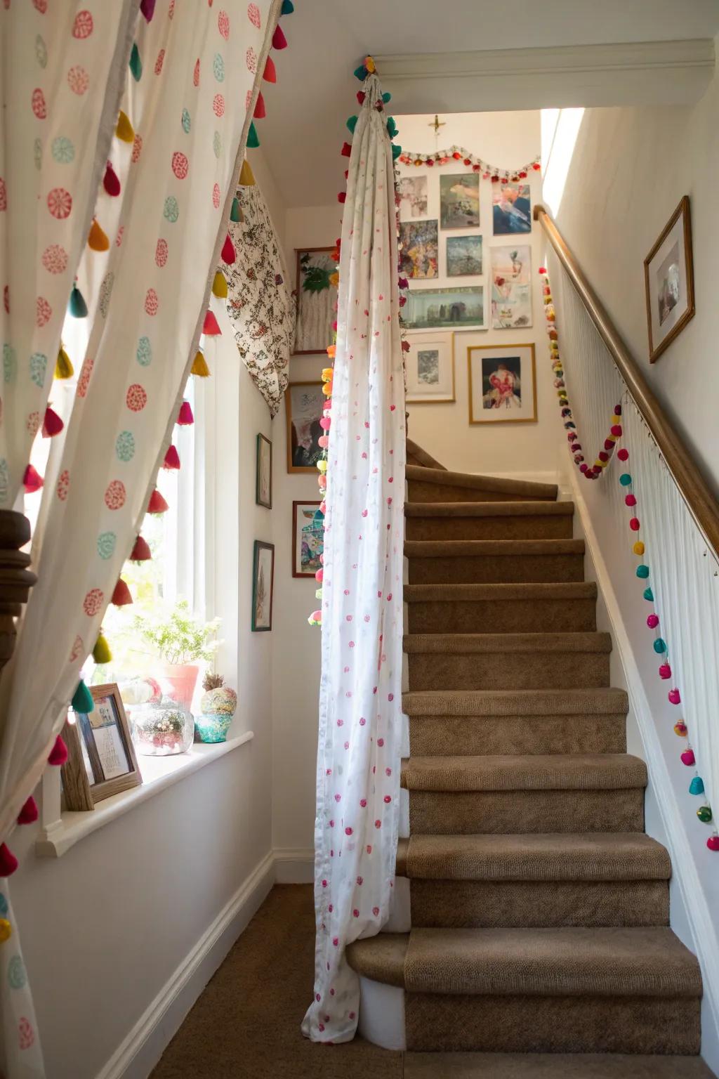 Fluff ball trimmed window coverings bring a playful and fun element to your stairwell.