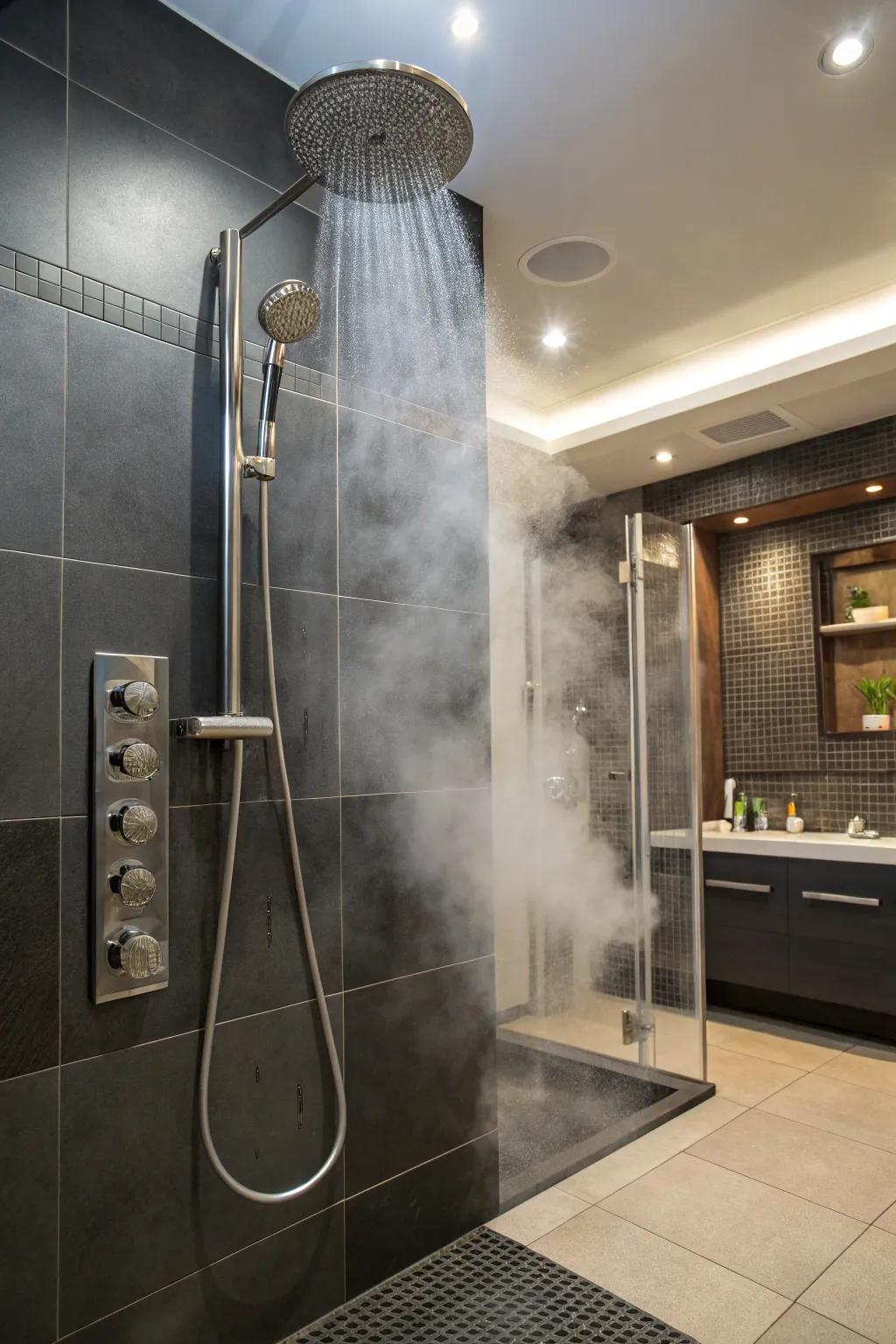 Rain shower systems enhance the relaxing experience of steam showers.