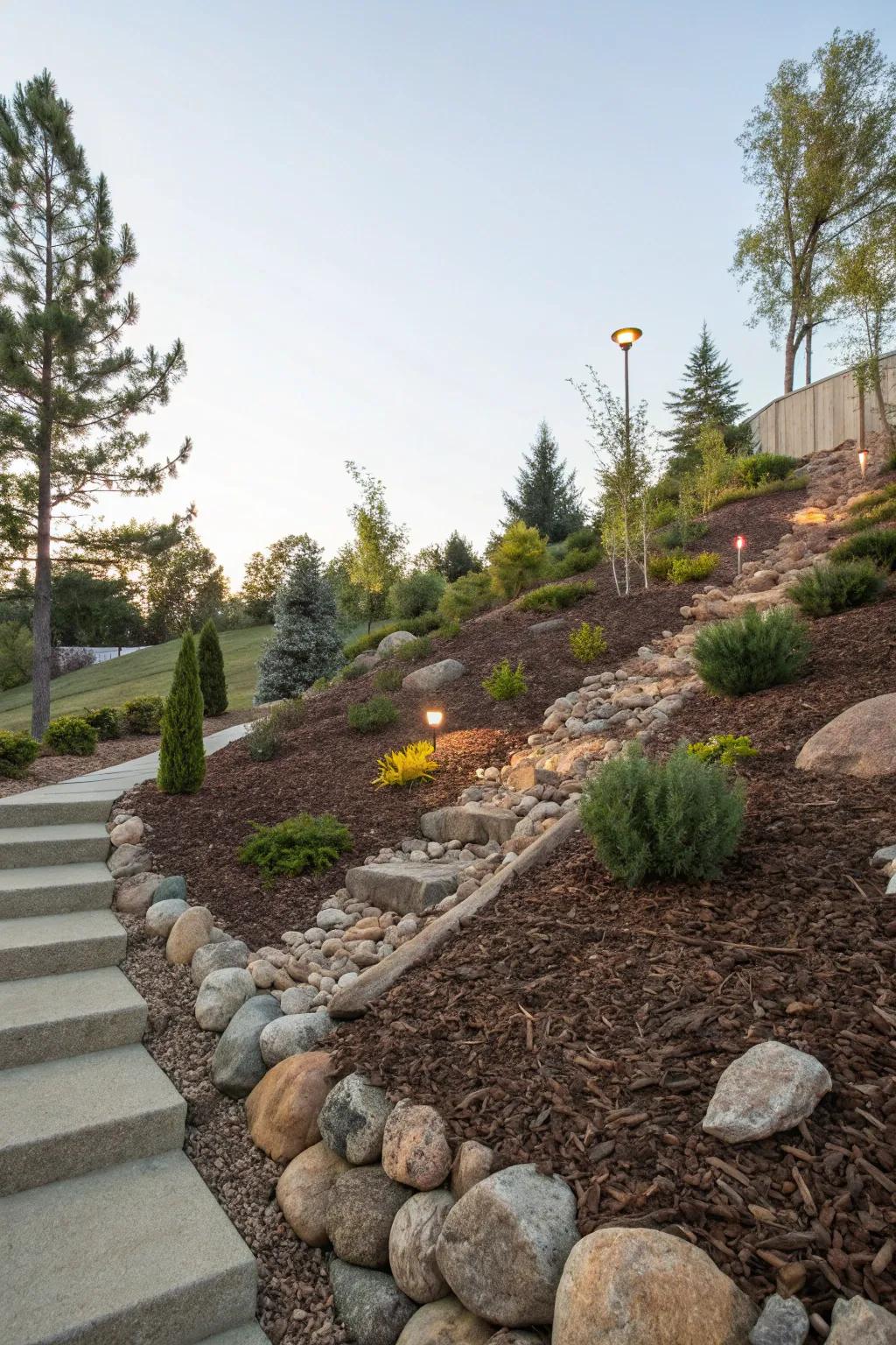 Protect and beautify slopes with mulch and stones.