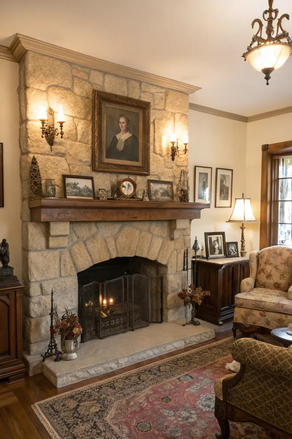 A vintage-design area showcases a stone fireplace and antique décor that incorporates charm.