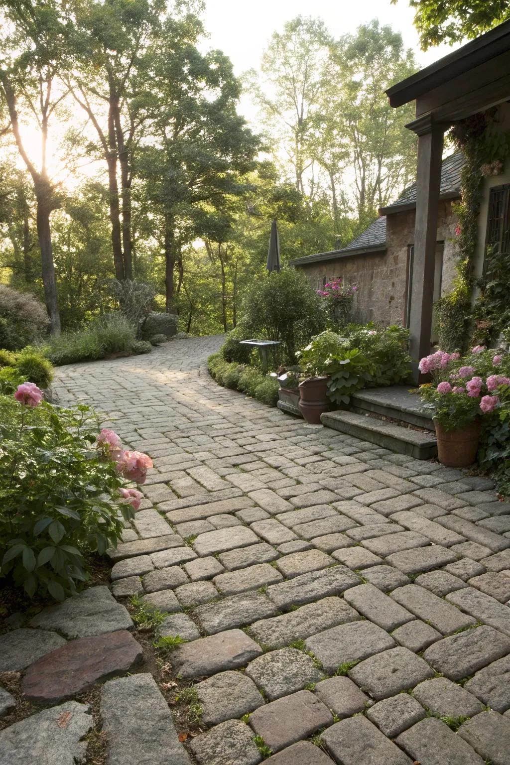 A stone patio with classic cobblestone charm.