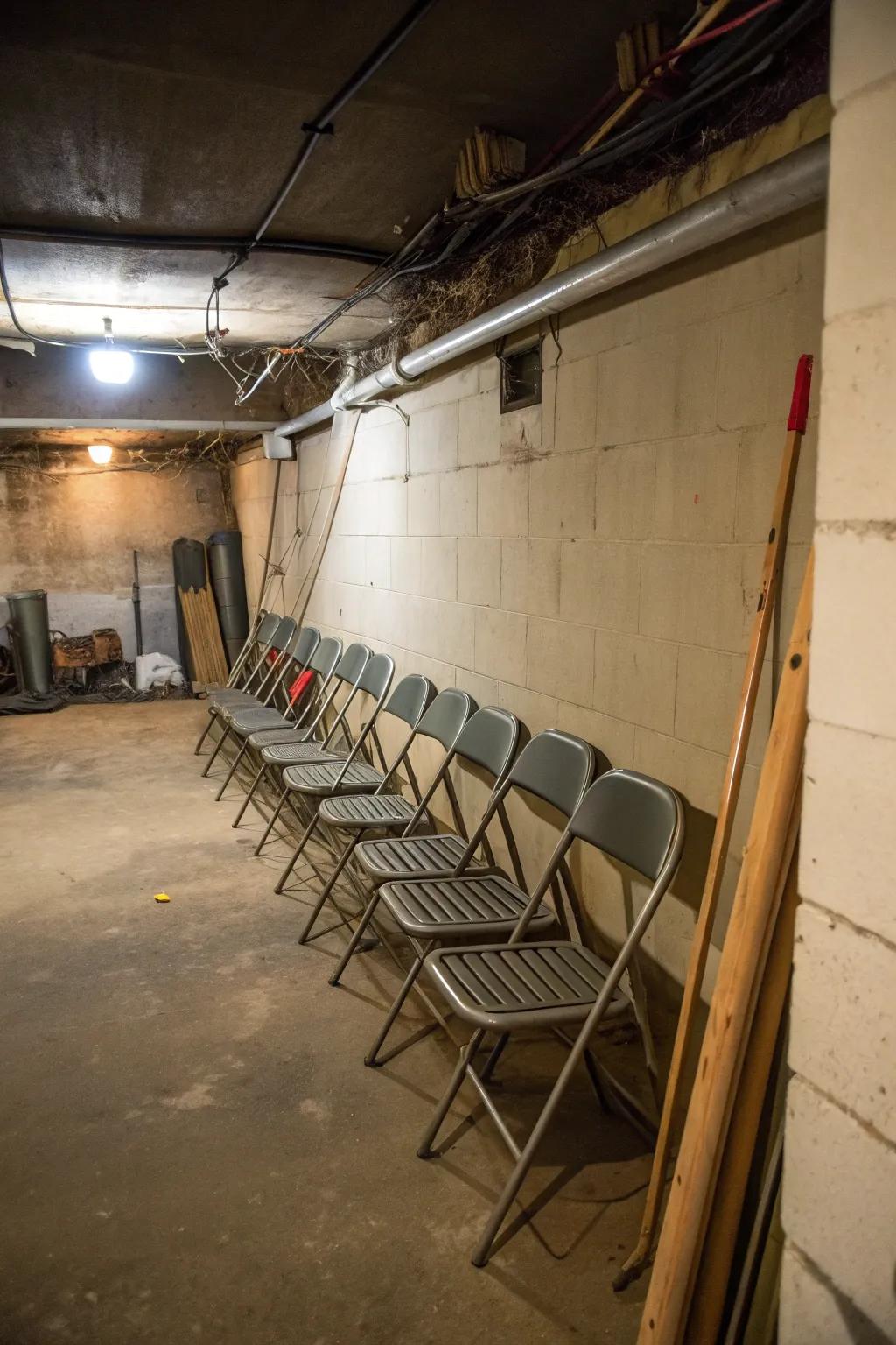 Make use of basement crawl spaces for storing folding chairs safely.