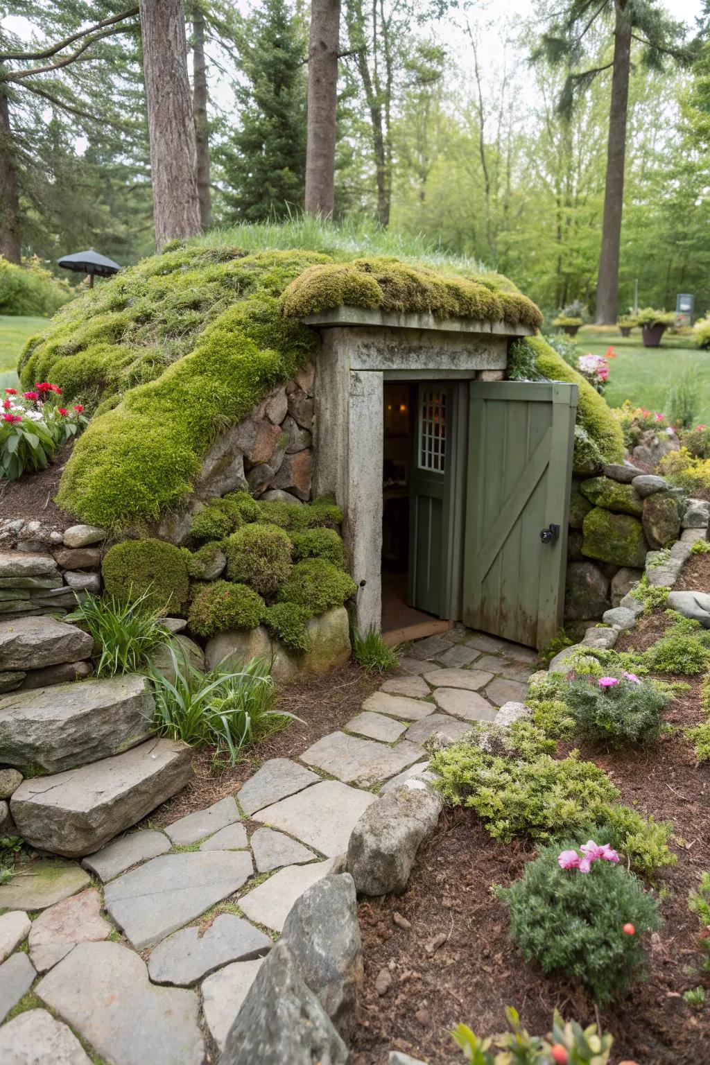 Mossy embellishments impart an enchanting, forest-like ambiance to your storm shelter.