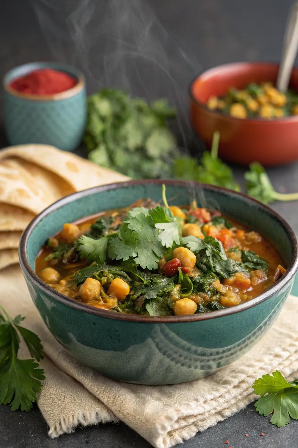 Chickpea and spinach curry, wholesome and aromatic.