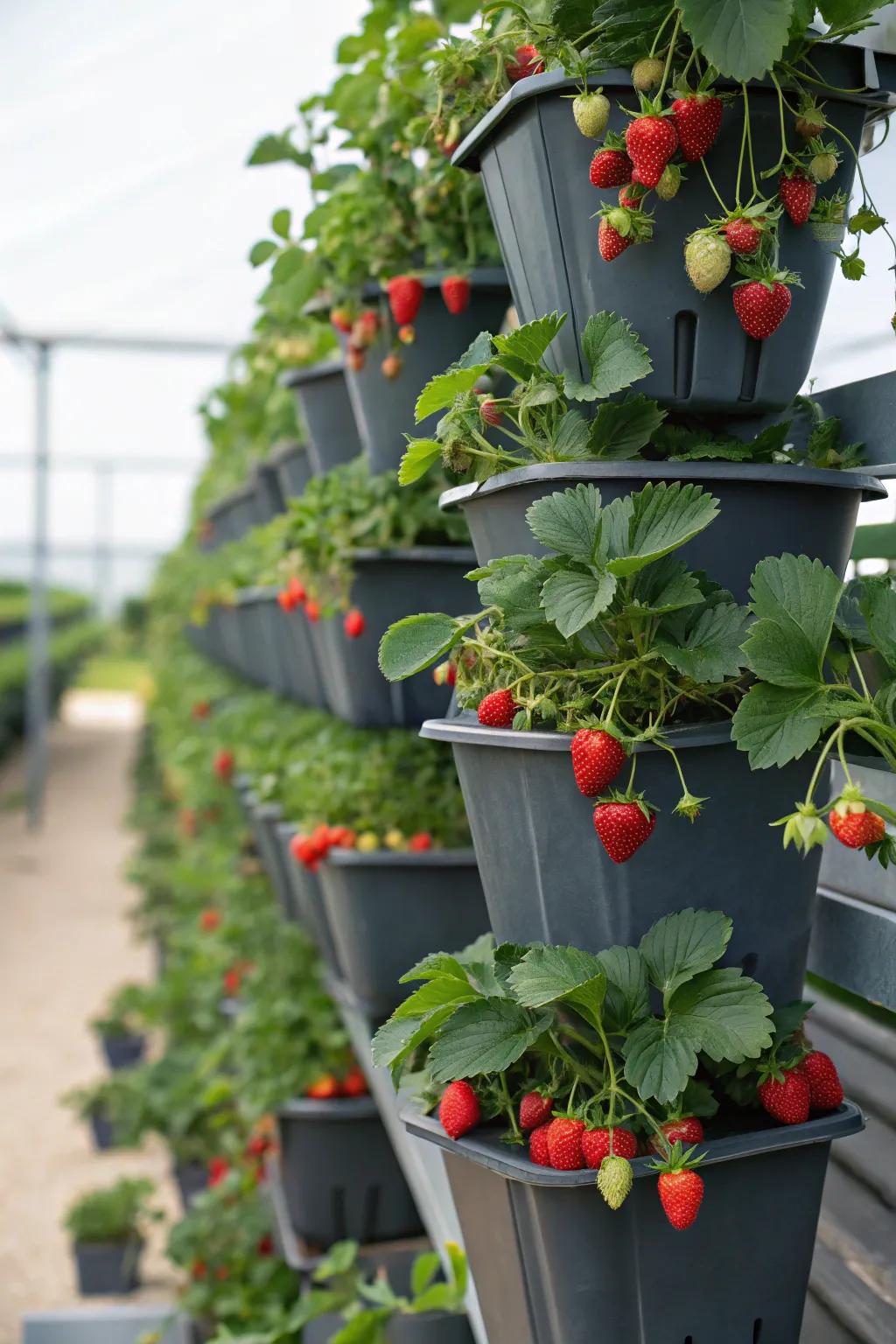 A stunning tiered garden displaying cascading strawberries.