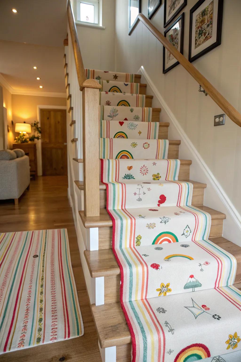 Whimsical patterns add a playful touch to this family-friendly staircase.