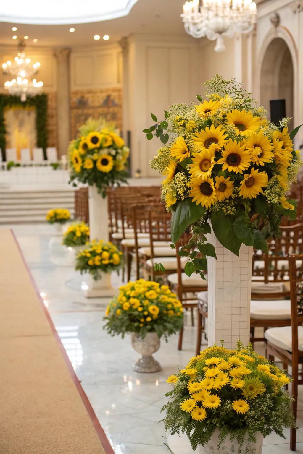 Daisy arrangements beautifully enhancing the ceremony space.