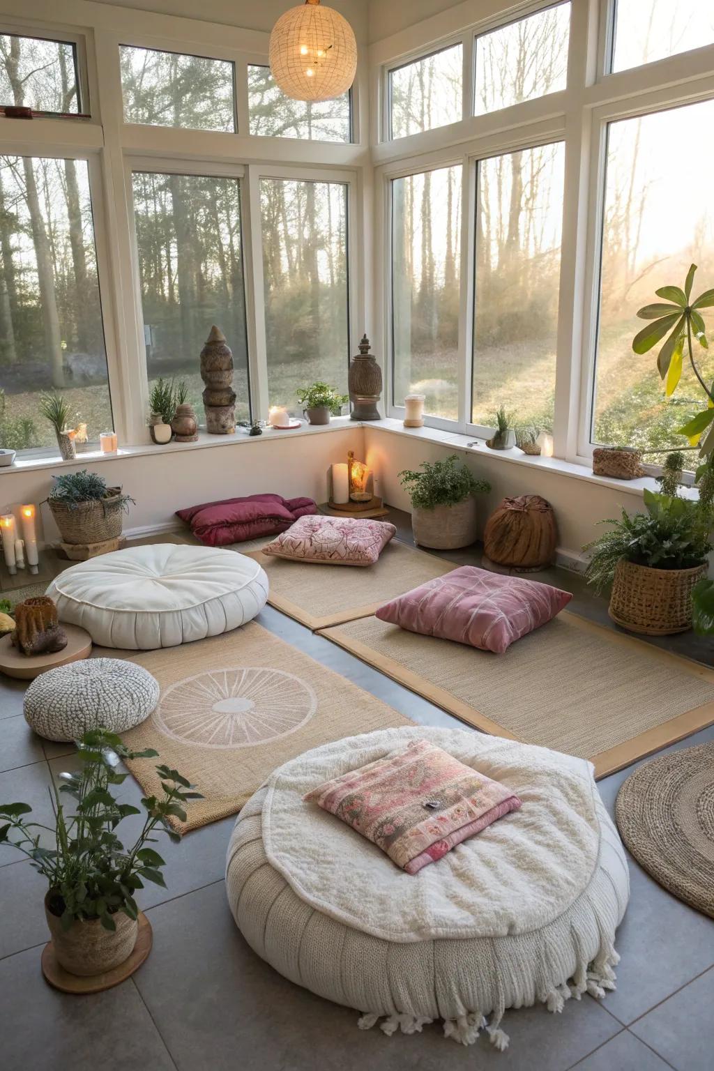 A relaxation space offers peace in the sunroom.