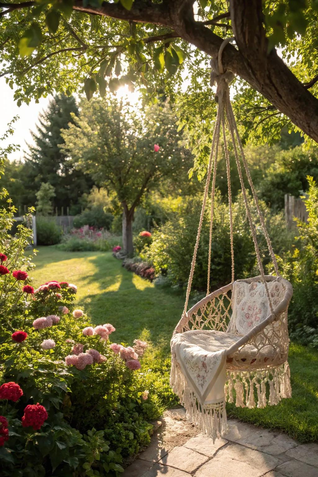 A macrame swing adds artistic flair to this garden scene.