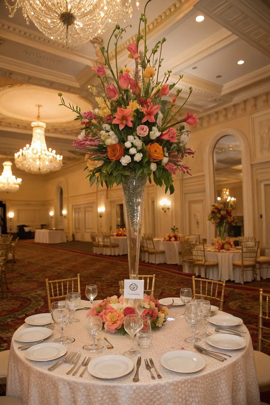 A tall upright floral arrangement introduces drama and elegance to the table.