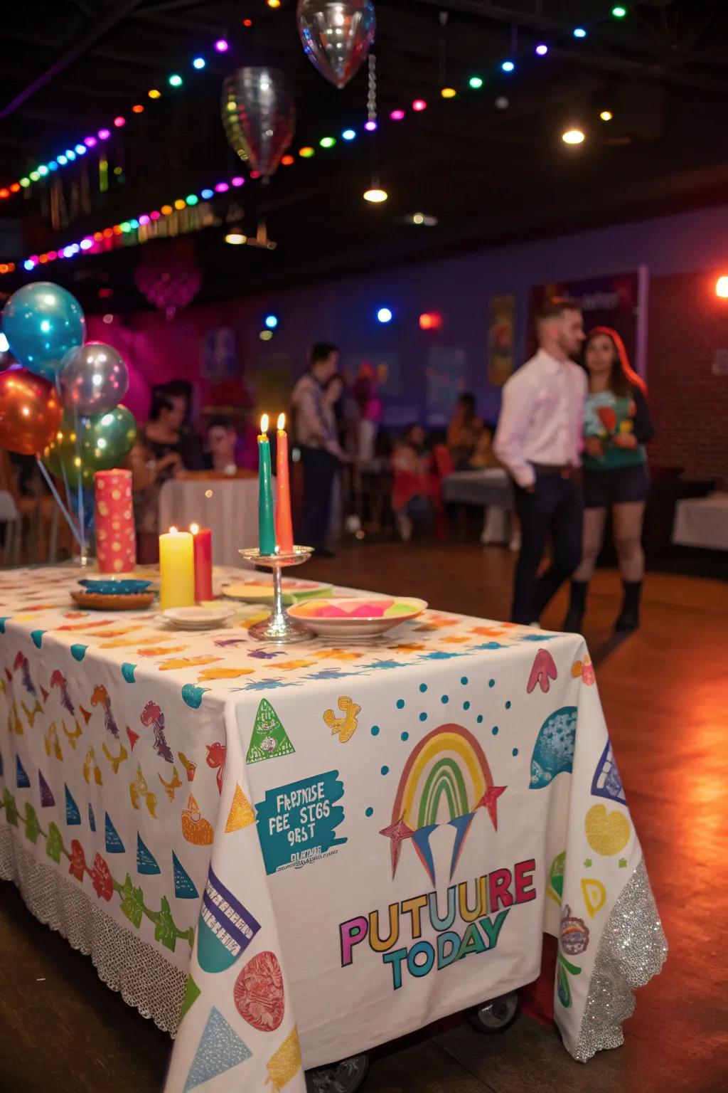 A themed tablecloth sets the mood for the graduate’s new adventures.