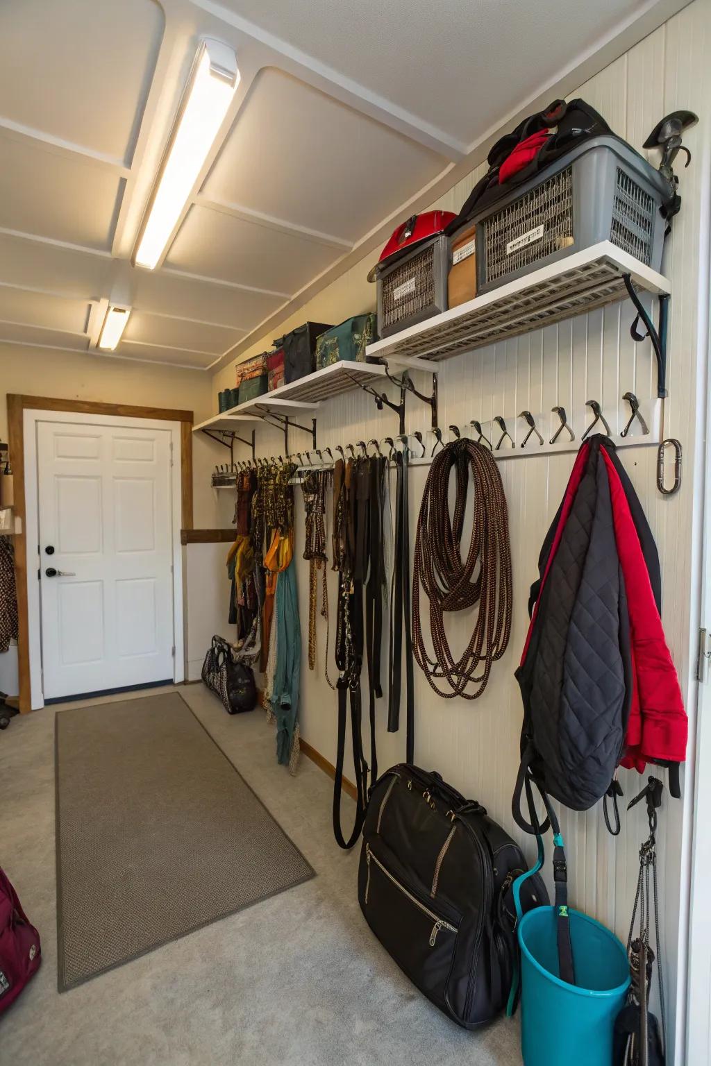 Vertical space maximized in a tack room for extra storage.