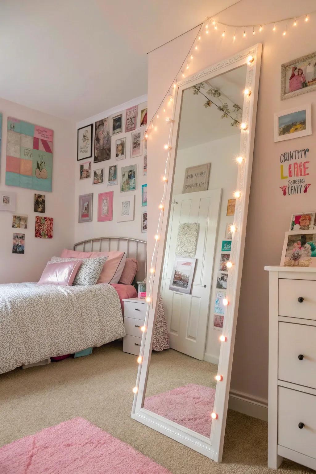 A large mirror enhances brightness and area in a teen girl's bedroom.