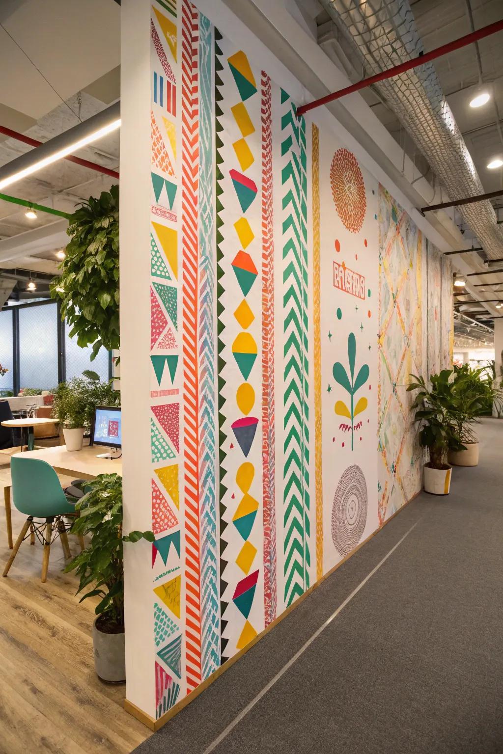 Decorative adhesive strips add vibrant patterns to a movable wall, enhancing creativity.