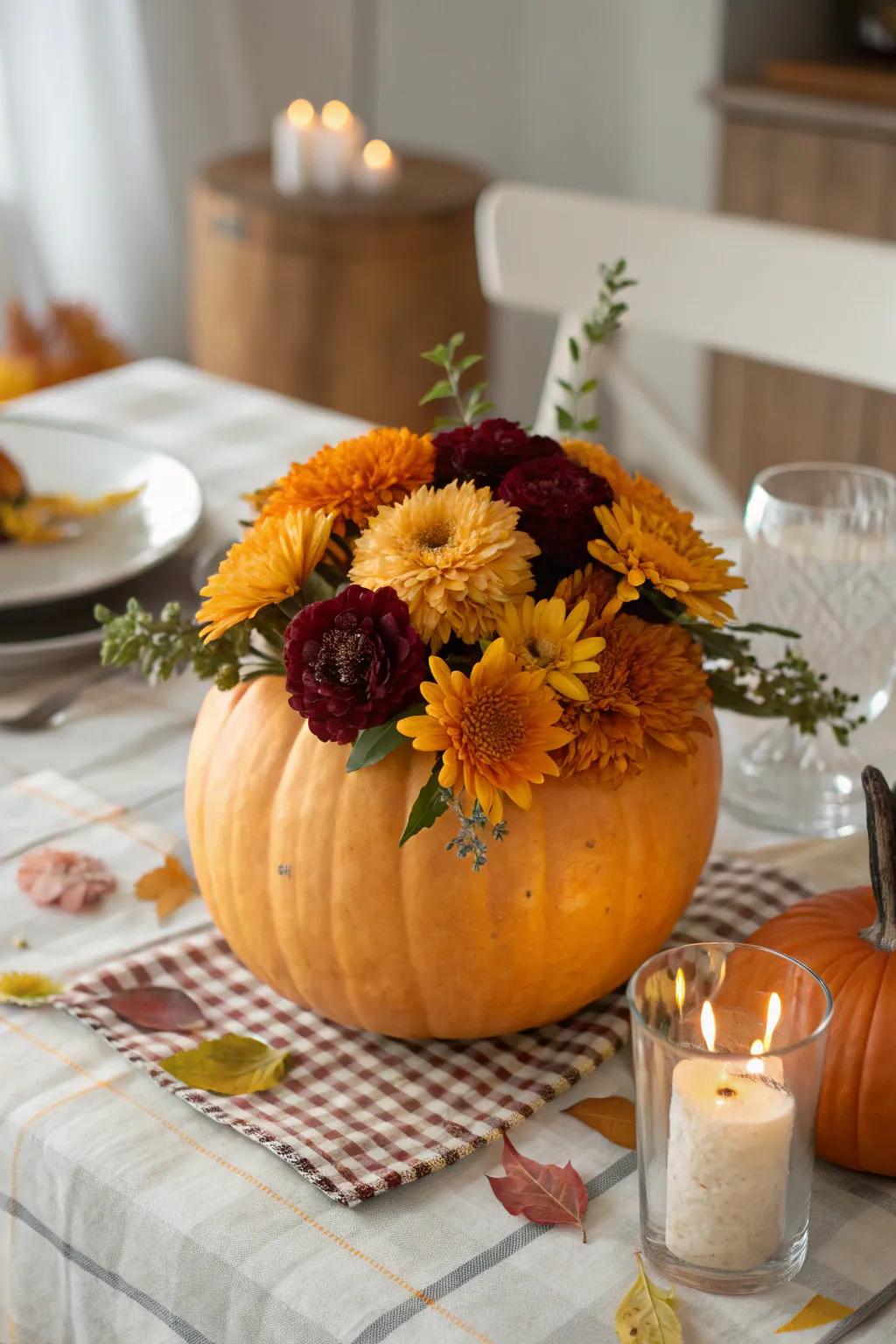 Versatile pumpkin containers for revitalizing floral exhibits.