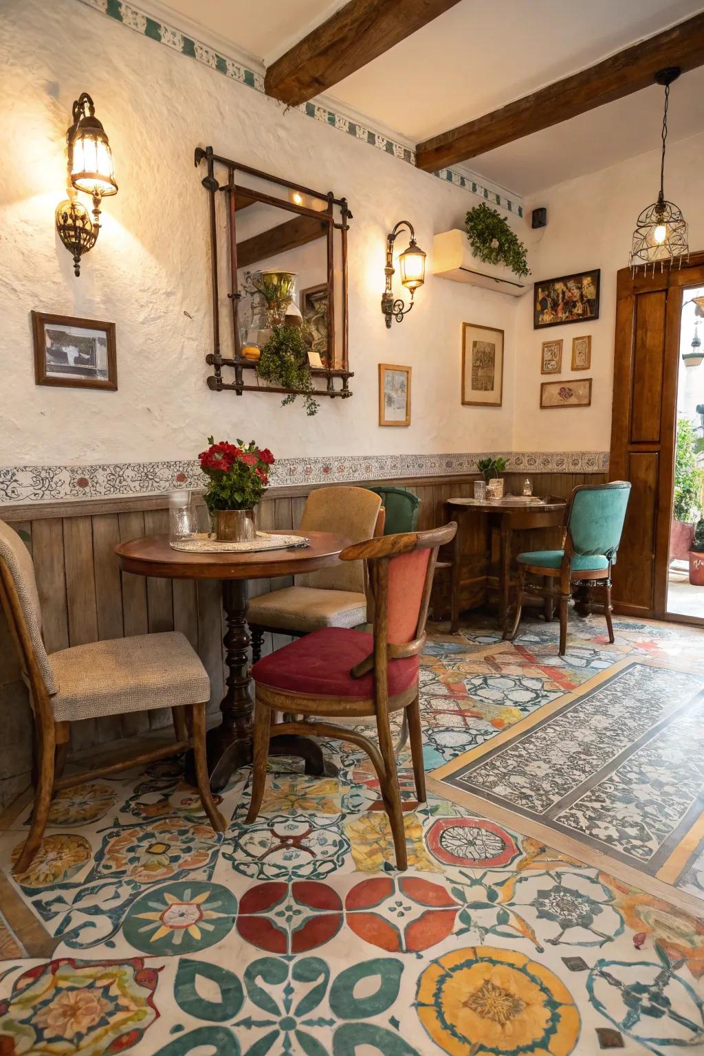Vintage charm and color are brought to this dining area by encaustic tiles.
