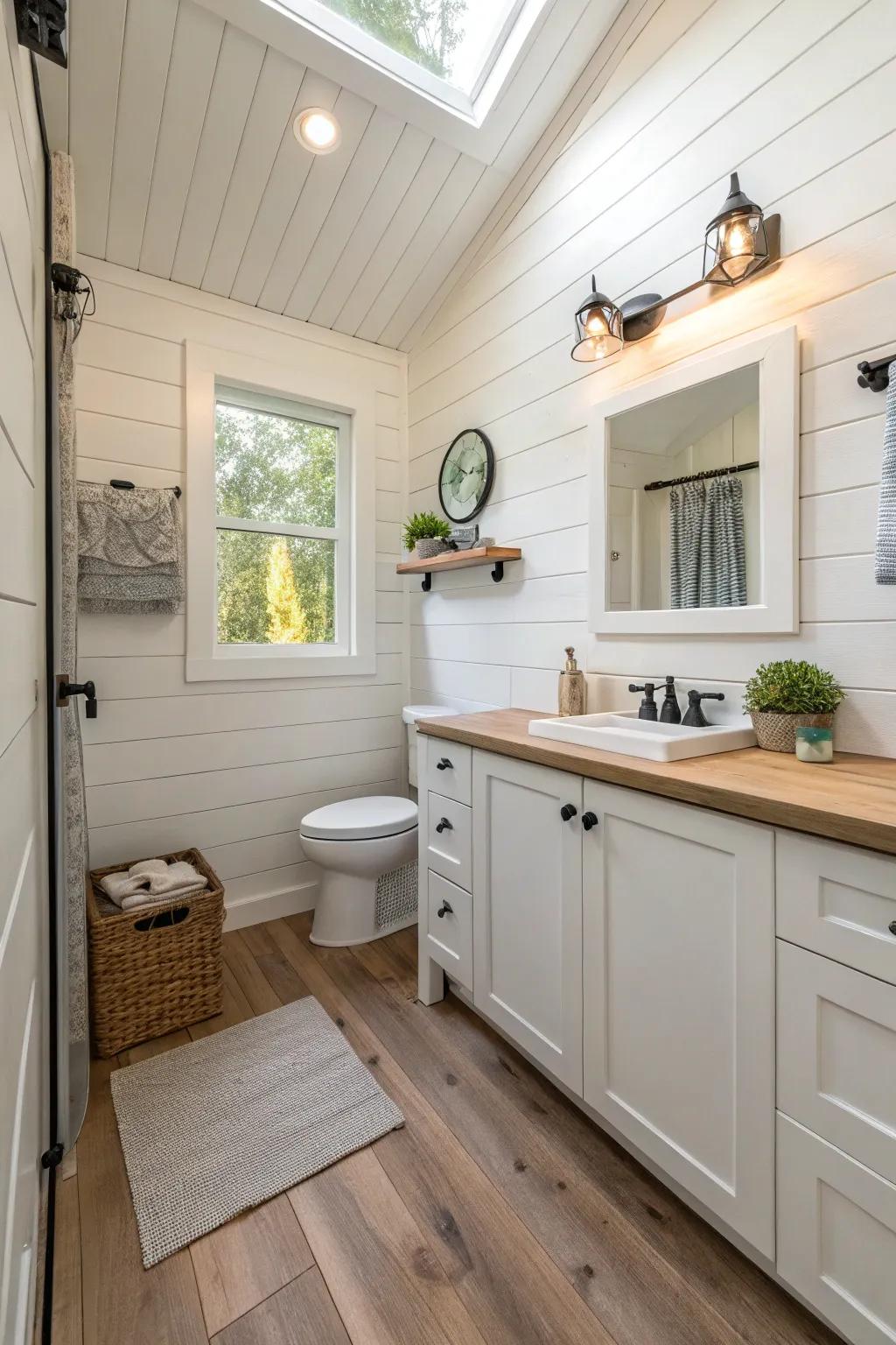 This small bathroom looks and feels spacious thanks to its light color palette.