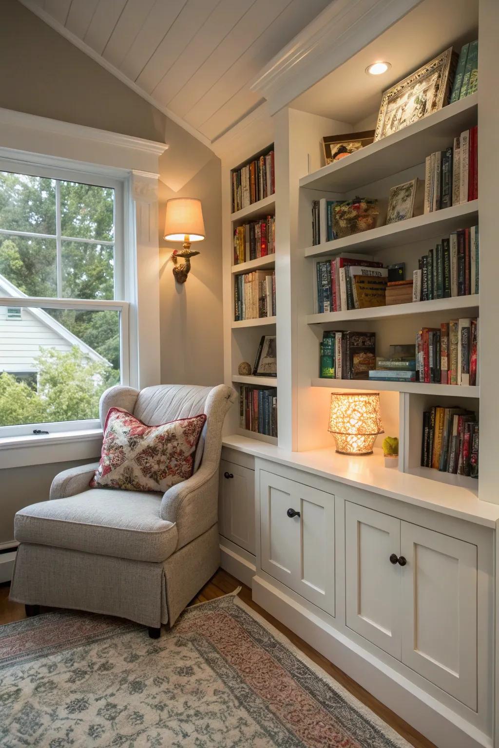 A cozy reading spot showcasing integrated storage within a small house