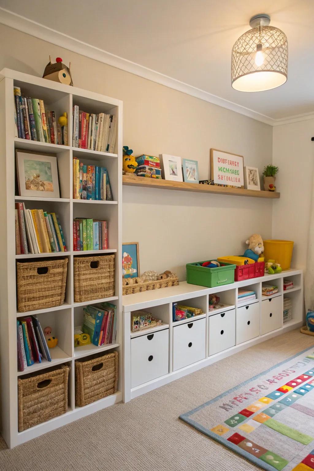 Wall-affixed storage keeps essentials organized and accessible.