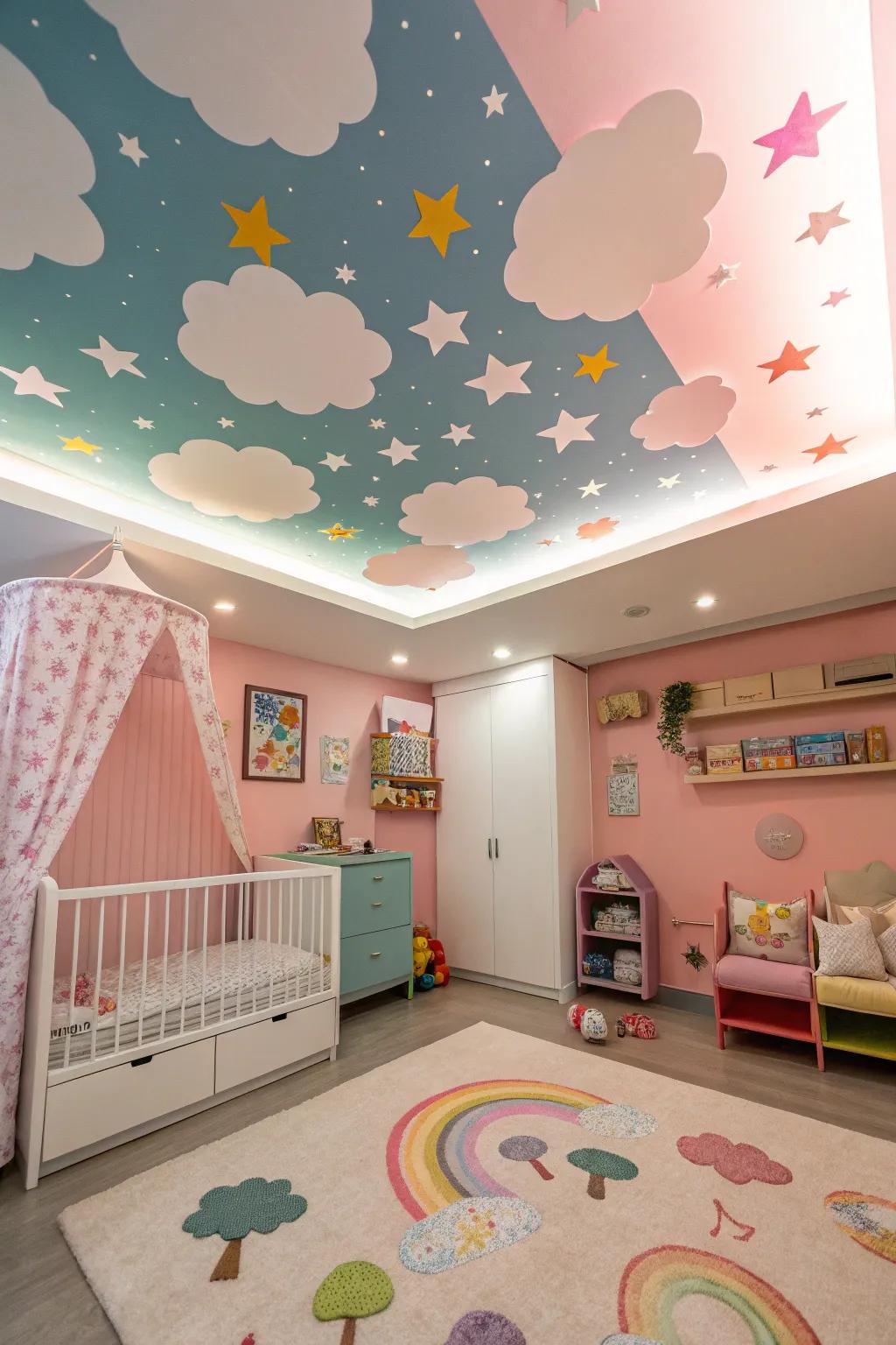 A colorful ceiling art adds an element of surprise.
