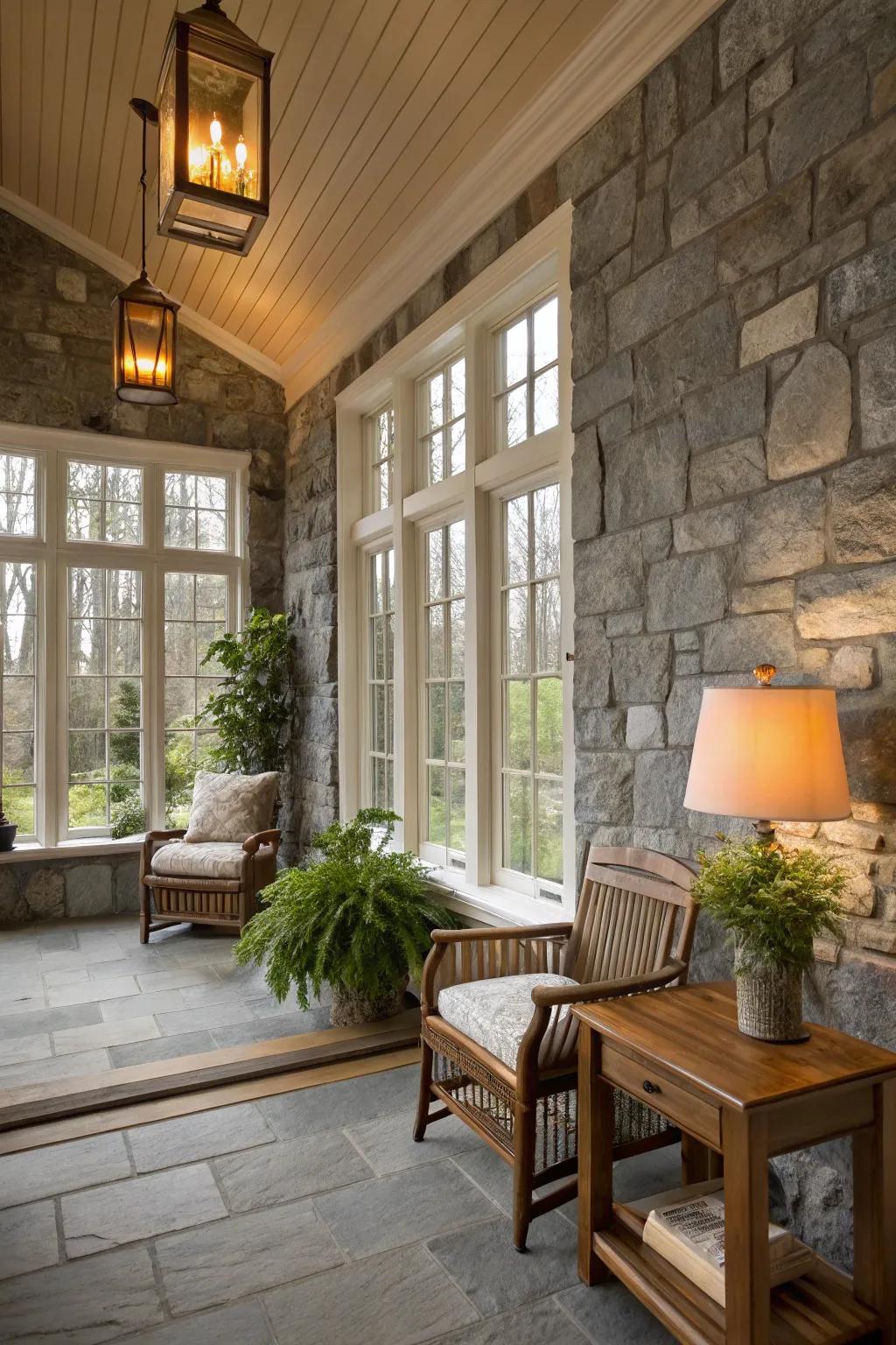 Stone gray walls in a sunroom mirroring the elegance of natural stone.