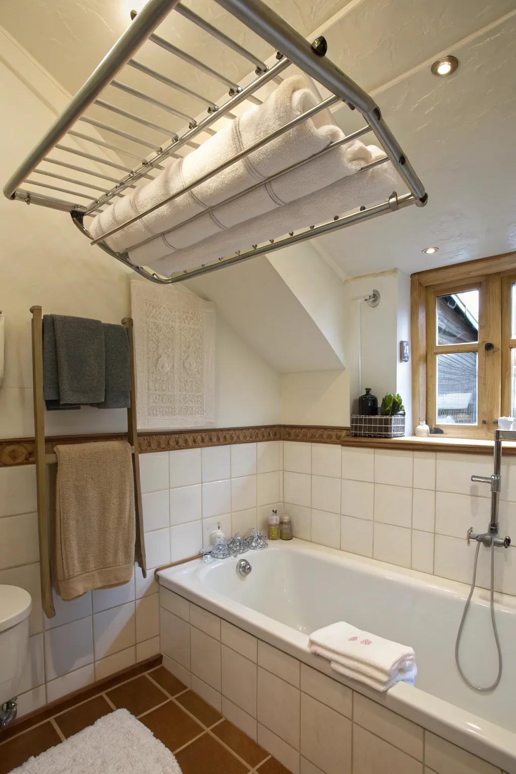 Racks attached to the ceiling for drying free up floor space.