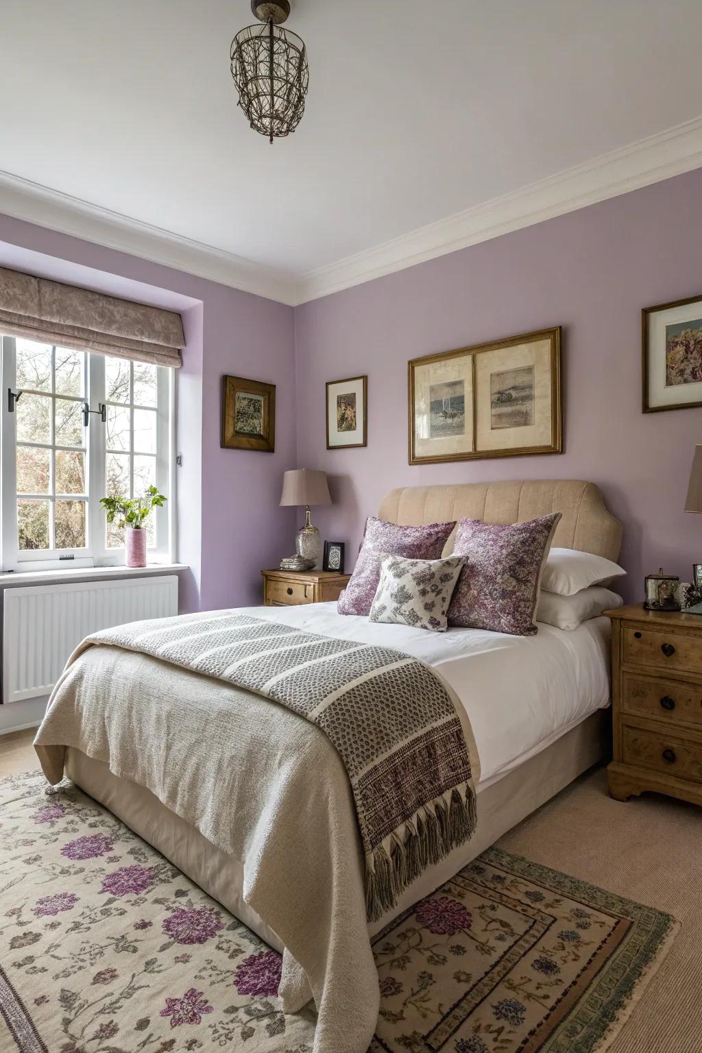 A townhouse bedroom featuring soft purple walls for a luxurious touch.