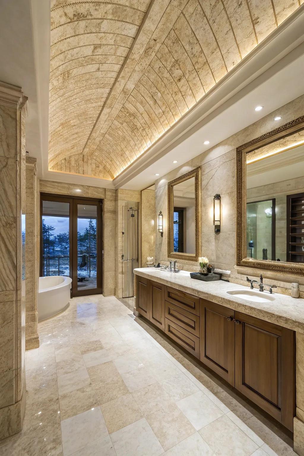 A luxurious bathroom featuring a statement travertine ceiling that draws the eye upward.
