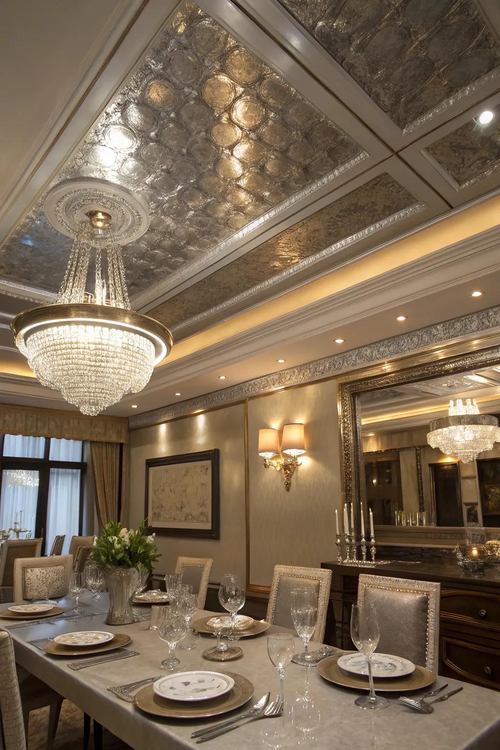 An upscale dining space with a reflective metallic tray ceiling.
