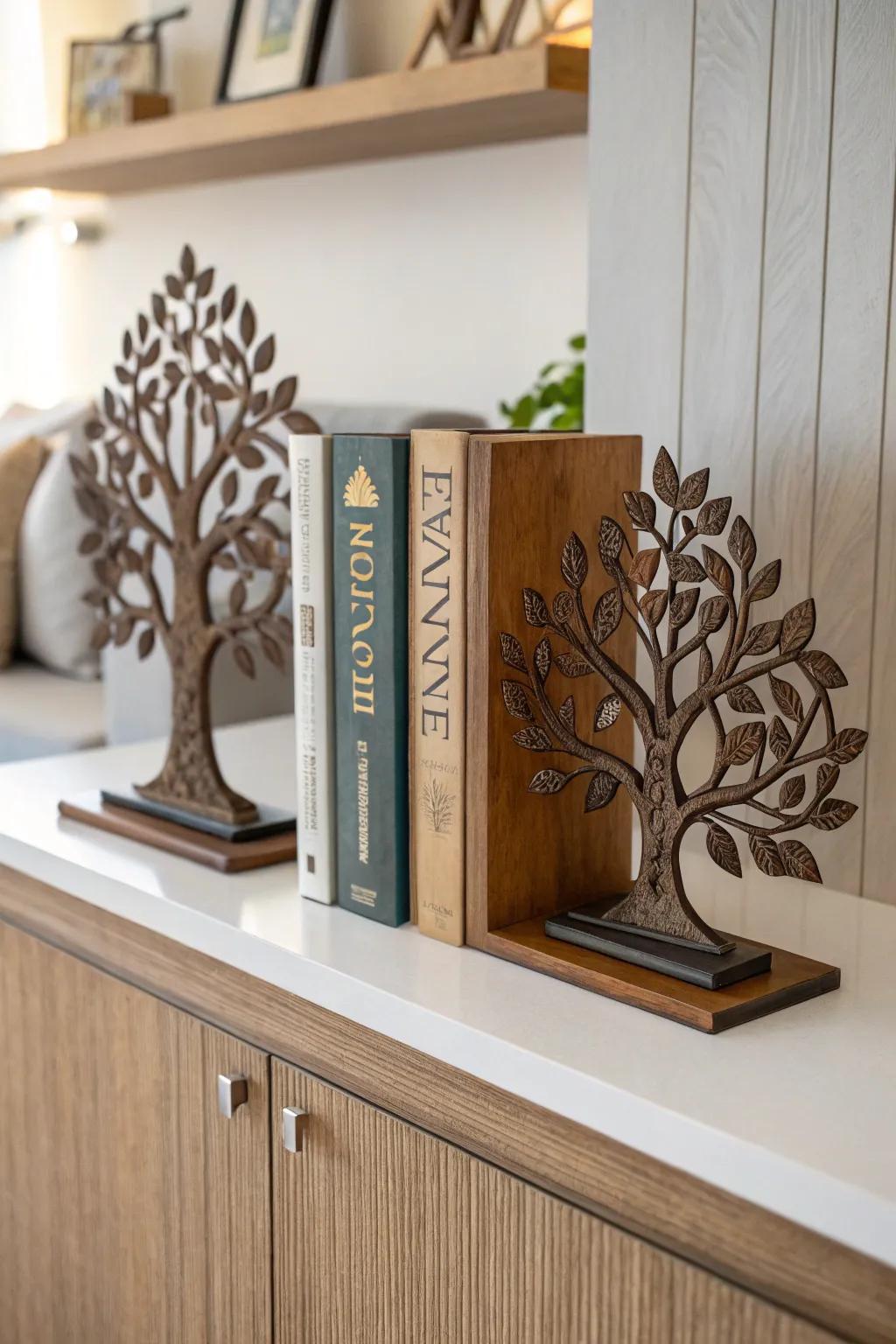 Arbor Vitae book supporters add a unique touch to a stylish bookshelf.