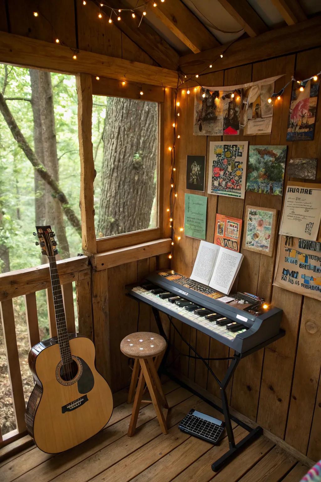 A music spot inside a treehouse, stimulating ingenuity with a stringed instrument and compact keyboard.